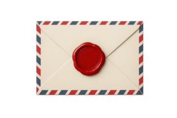 Old-fashioned airmail envelope featuring blue and red stripes, with a blank red wax seal, on a transparent background