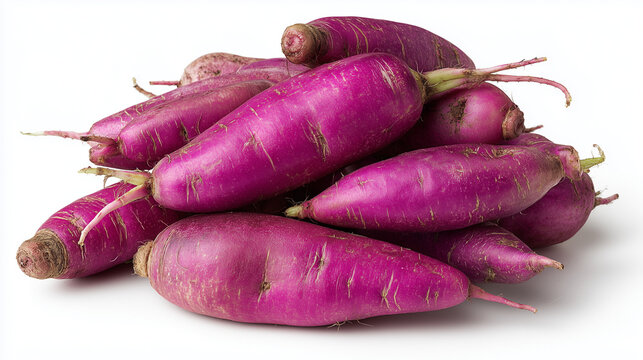 A pile of whole purple daikon radishes with smooth, vibrant skin and natural surface markings, isolated on a white background. The radishes display a rich magenta hue with subtle imperfections.