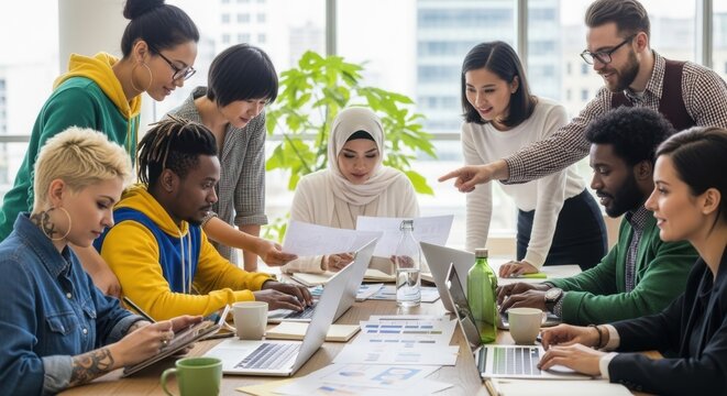 Multi-ethnic group of colleagues collaborating on a business project in a modern office meeting. Teamwork and diversity concept for corporate work.