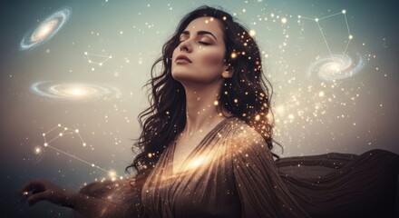 Woman in luminous cosmic scenery with closed eyes. Spiritual awakening and mystical connection to the universe. Esoteric concept for mindfulness retreat.