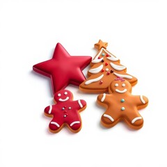 Colorful gingerbread cookies shaped like a star, tree, and smiling figures arranged on a white background for holiday celebrations