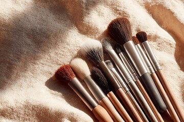 Professional makeup brushes arranged on soft neutral fabric, ideal for beauty bloggers, cosmetic brands, and lifestyle content