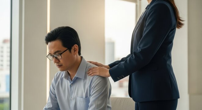 Woman comfort man coworker with hand on shoulder. Office support concept for empathy, understanding, and helping colleague through difficult situation.