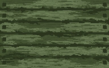 Classic 8-bit wood grain design with green tones. Pixel art seamless wooden wall planks texture. Ideal game background for retro platformers, rustic interiors, or village environments, wallpaper.