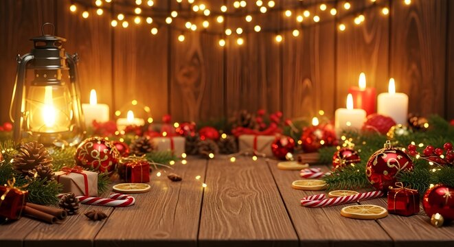 Cozy Christmas holiday decoration on rustic wooden table with warm glowing candles fairy lights ornaments pine branches and gifts - Powered by Adobe