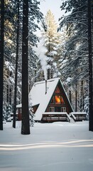 Cozy A-Frame Cabin in a Snowy Forest with Smoke Rising from Chimney and Warm Light Visible Inside