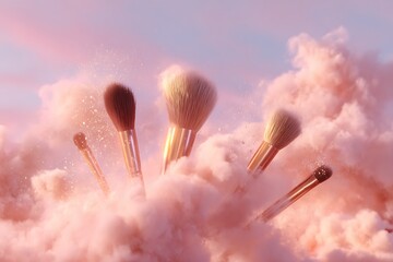 Elegant makeup brushes emerging from dreamy pink clouds, perfect for beauty campaigns, cosmetic brands, and lifestyle content