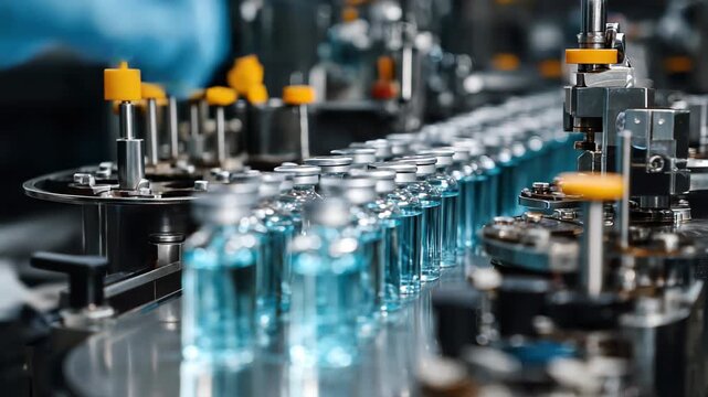 Hand in sanitary gloves inspecting medical vials on the production line in a modern pharmaceutical facility
