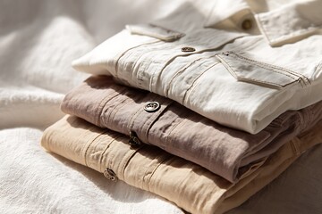 Folded linen shirts in neutral tones create a calming, minimalist aesthetic perfect for fashion, lifestyle, and retail projects