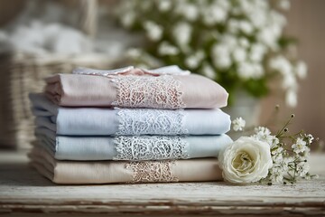 Elegant stack of pastel-colored linen textiles with delicate lace trim and fresh flowers, perfect for lifestyle and home decor projects