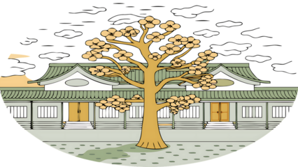 Japanese Temple Building with Flowering Tree Illustration shrine isolated on a transparent background