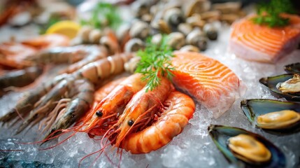Vibrant seafood display featuring salmon fillet, shrimp, mussels, clams, and other shellfish nestled on crushed ice, garnished with fresh herbs and lemon