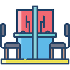 Office Cubicles With Computers And Chairs On A White Background Clean Modern Design With Blue Red And Yellow Colors