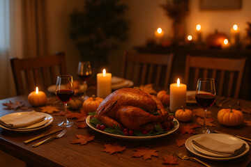 Festive Thanksgiving Dinner Table with Roasted Turkey