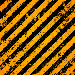 Warning sign with yellow and black diagonal lines. Attention, danger or caution symbol. Construction site signage, road safety notice, hazard banner, security alert shield. Vector illustration.
