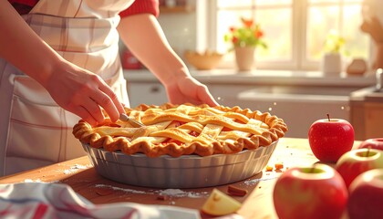 Home baker carefully scores a lattice-topped apple pie with apples nearby on a wood counter, sunny kitchen backdrop
