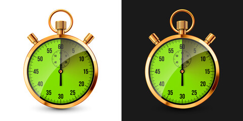 Realistic classic stopwatch. Shiny golden metal chronometer, time counter with dial. Green countdown timer showing minutes and seconds. Time measurement for sport, start, finish. Vector illustration.
