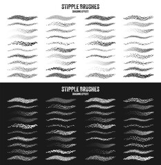 Ink scatter brush, stipple drawing and texturing. Fading gradient. Stippling, dotwork drawing, shading using dots. Halftone disintegration effect. White noise grainy texture. Vector illustration.