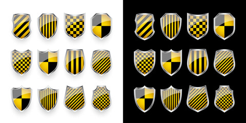 Glossy shield with yellow and black pattern. Security and protection concept. Cyber safety icons, internet privacy, web defense, digital data protection and antivirus themes. Vector illustration.