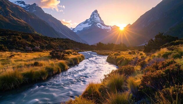 Majestic snow-capped mountain at sunrise reflects on a river flowing through a vibrant, grassy landscape