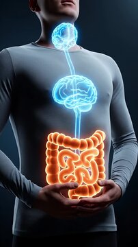 Illustration of the Body's Gut-Brain Axis with Glowing Blue Brain Connection and Orange Intestines in a Dark Background Visualizing the Link Between Digestive Health and Brain Health