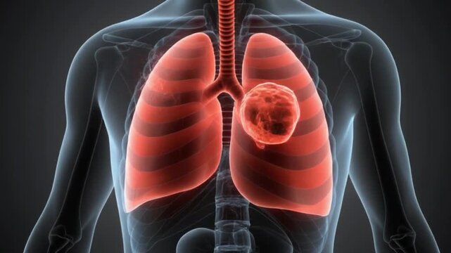 Detailed 3D animation of lungs inflating and deflating as air moves through the trachea and bronchi. Oxygen molecules enter the bloodstream. Smooth camera movement and clear biological textures