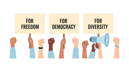 Fototapeta premium Diverse Raised Fists Holding Protest Signs for Freedom, Democracy, and Diversity