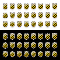 Glossy shield with yellow and black pattern. Security and protection concept. Cyber safety icons, internet privacy, web defense, digital data protection and antivirus themes. Vector illustration.