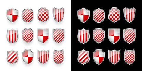 Glossy shield with red and black pattern. Security and protection concept. Cyber safety icons, internet privacy, web defense, digital data protection and antivirus themes. Vector illustration.