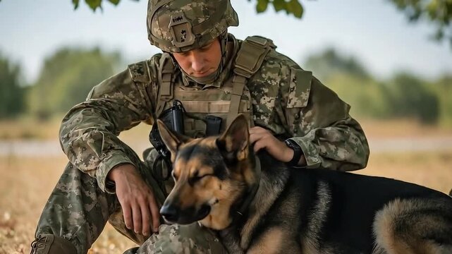 Loyal German Shepherd Companion Resting with Soldier in Camouflage Uniform under Tree with Natural Light in Rural Setting with Green Grass and Trees Background