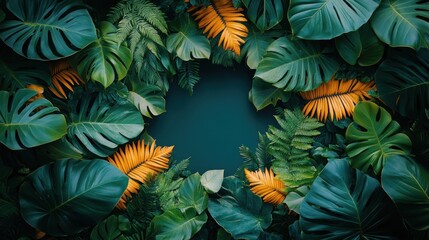 Obraz premium Tropical leaves frame dark backdrop