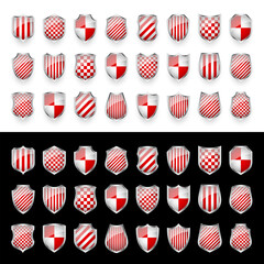 Glossy shield with red and black pattern. Security and protection concept. Cyber safety icons, internet privacy, web defense, digital data protection and antivirus themes. Vector illustration.