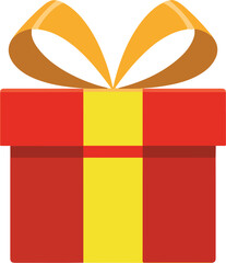 Red gift box vector illustration with yellow ribbon and golden bow for celebration and holiday themes