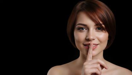 Naklejka premium Woman with brown hair and blue eyes is holding her hand to her mouth