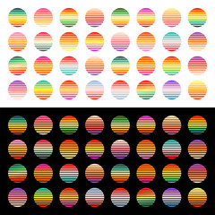 Vintage colorful sunset. Striped gradient sunrise badges in 80s and 90s style. Sun and ocean view, summer vibes, surfing. Design element for print, logo or t-shirt. Vector illustration.