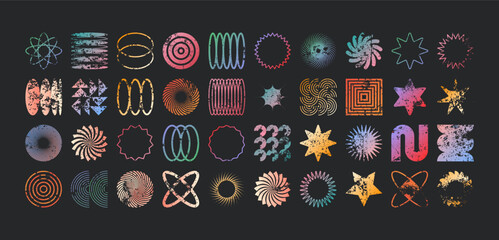 Brutalist geometric shapes, modern grunge symbols. Simple primitive elements and forms, distressed details. Retro design, aged, vintage, trendy contemporary minimalist style, y2k. Vector illustration.