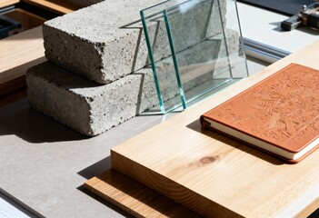 A selection of construction materials including concrete blocks, wood planks, and glass panes. Architecture and interior design concept with raw material samples