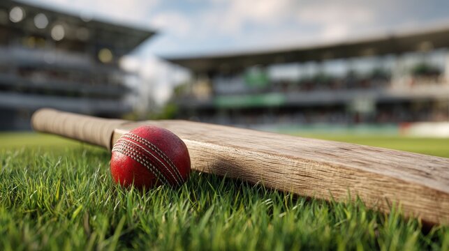 A red cricket ball rests on the grass next to a wooden bat, stadium seats filled in the background under a sunny sky