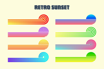Vintage colorful sunset. Various gradient striped sunrise badges in 80s and 90s style. Sun and ocean view, summer vibes, surfing. Design element for print, logo or t-shirt. Vector illustration.