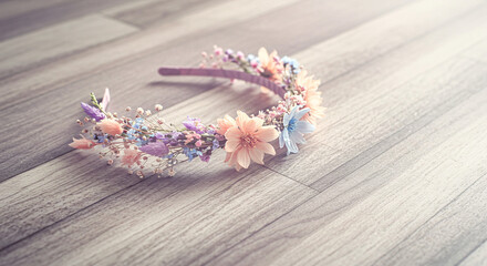 Obraz premium A delicate floral crown with pastel blooms on wooden surface, In What Style: Soft-focus lifestyle photography with vintage filter, In What Colors: Peach, lavender, baby blue and cream against weathere