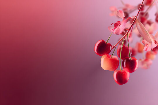 smooth red and pink gradient background with floating cherries creating an elegant composition with copy space - Powered by Adobe