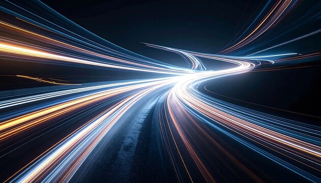 Light streaks curve across a dark background, evoking movement and speed with dynamic golden and blue lines