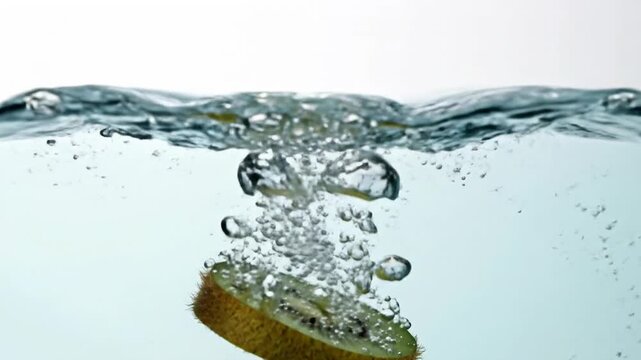 Slice of kiwi splashing water creating refreshing underwater ripple