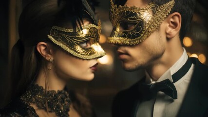 Sophisticated couple in elegant evening attire wearing ornate masquerade masks at an enchanting gala in a luxurious venue during a festive celebration - Powered by Adobe