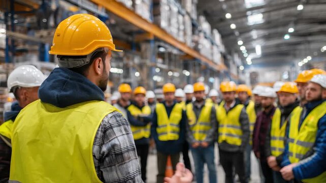 Safety training session for construction workers in warehouse with bright lighting and yellow vests