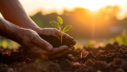 Fototapeta premium Hands hold a seedling and soil, sunlight in the background, in an outdoor setting