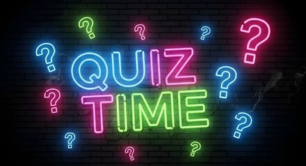 It's Quiz Time! Get Ready to Test Your Knowledge with Fun Trivia Night Neon Sign on Dark Brick Wall Background for Entertainment and Engagement
