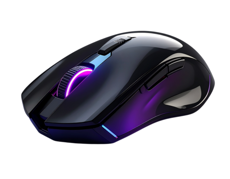 Modern RGB Gaming Mouse with Sleek Design, Angled Side View PNG
