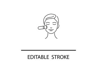Elegant line drawing of a woman applying makeup with a brush for beauty and skincare concepts, perfect for cosmetics and wellness brands.