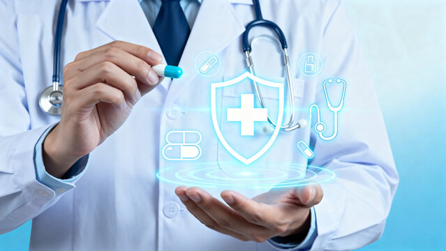 Doctor holding pill with medical icons - Powered by Adobe